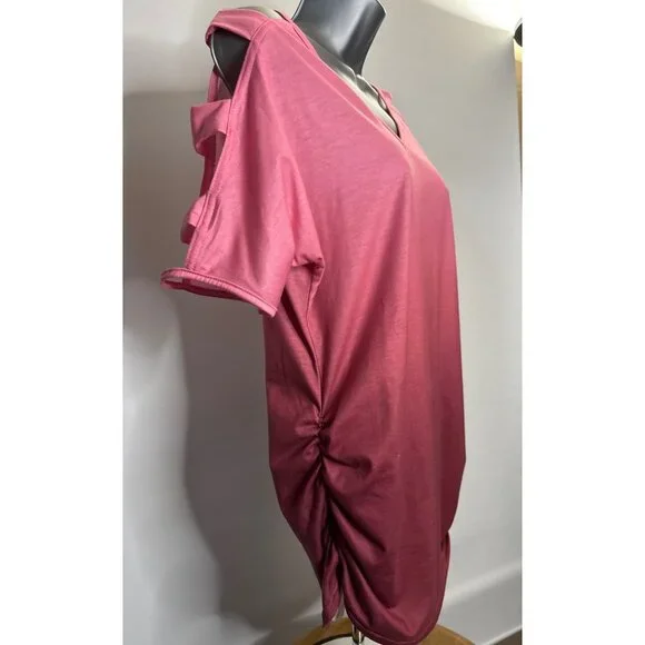 Womens V Neck Short Sleeve Cold Shoulder Cutouts Shirt Light Rose Burgundy, Wine - Picture 4 of 16